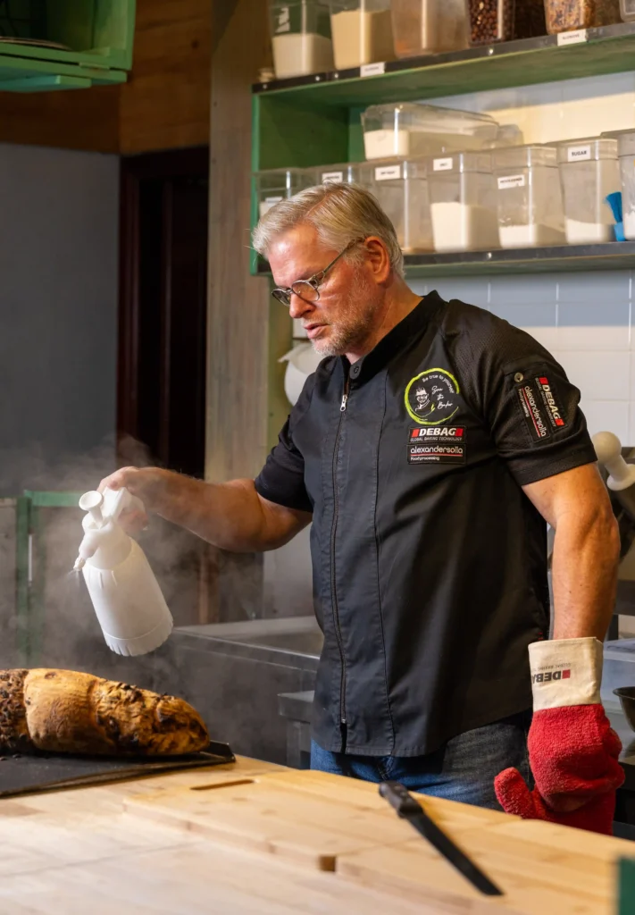 Sven Mostegl in a black chef's jacket with DEBAG Global Baking Technology logo, spraying water on a freshly baked loaf